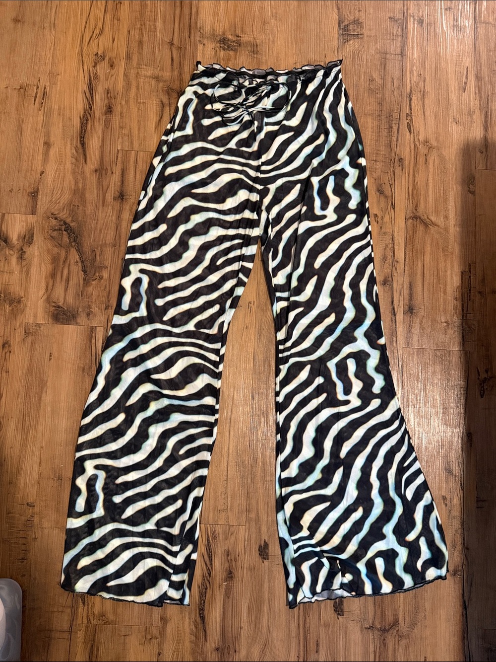 Zebra Print Wide-Leg Pants - Black & White & Teal